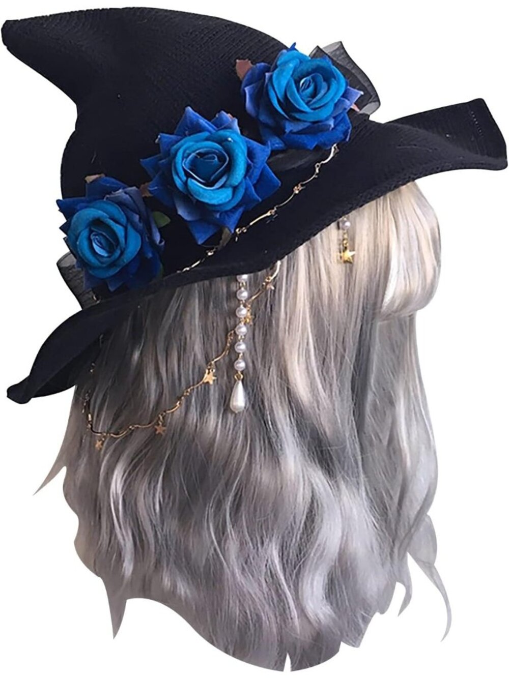 🎃Women's Black A Blue Rose Big Decoration Cosplay Ornament Witch Hat Headwear
